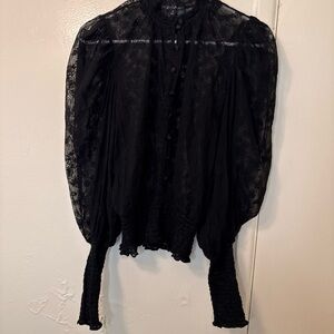 For Love & Lemons Black Lace Victorian Blouse Sheer Puff Sleeve Coquette Gothic